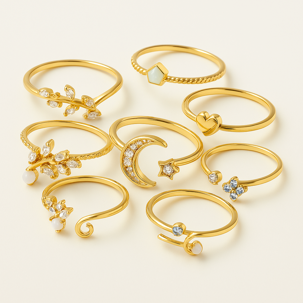 Ensemble de 10 bagues bohémiennes en argent et or plaqué