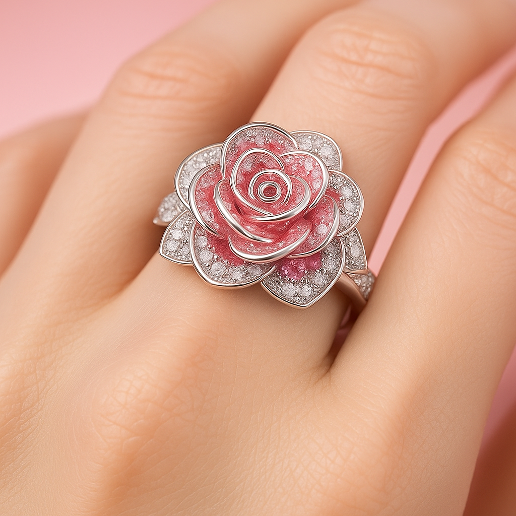 Bague Argentée Fleurs Roses Exotiques