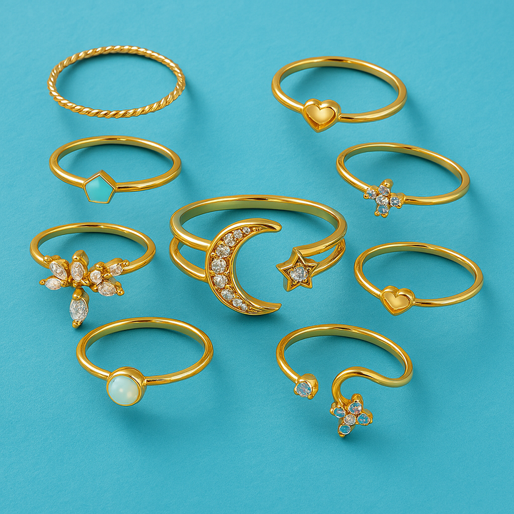 Ensemble de 10 bagues bohémiennes en argent et or plaqué